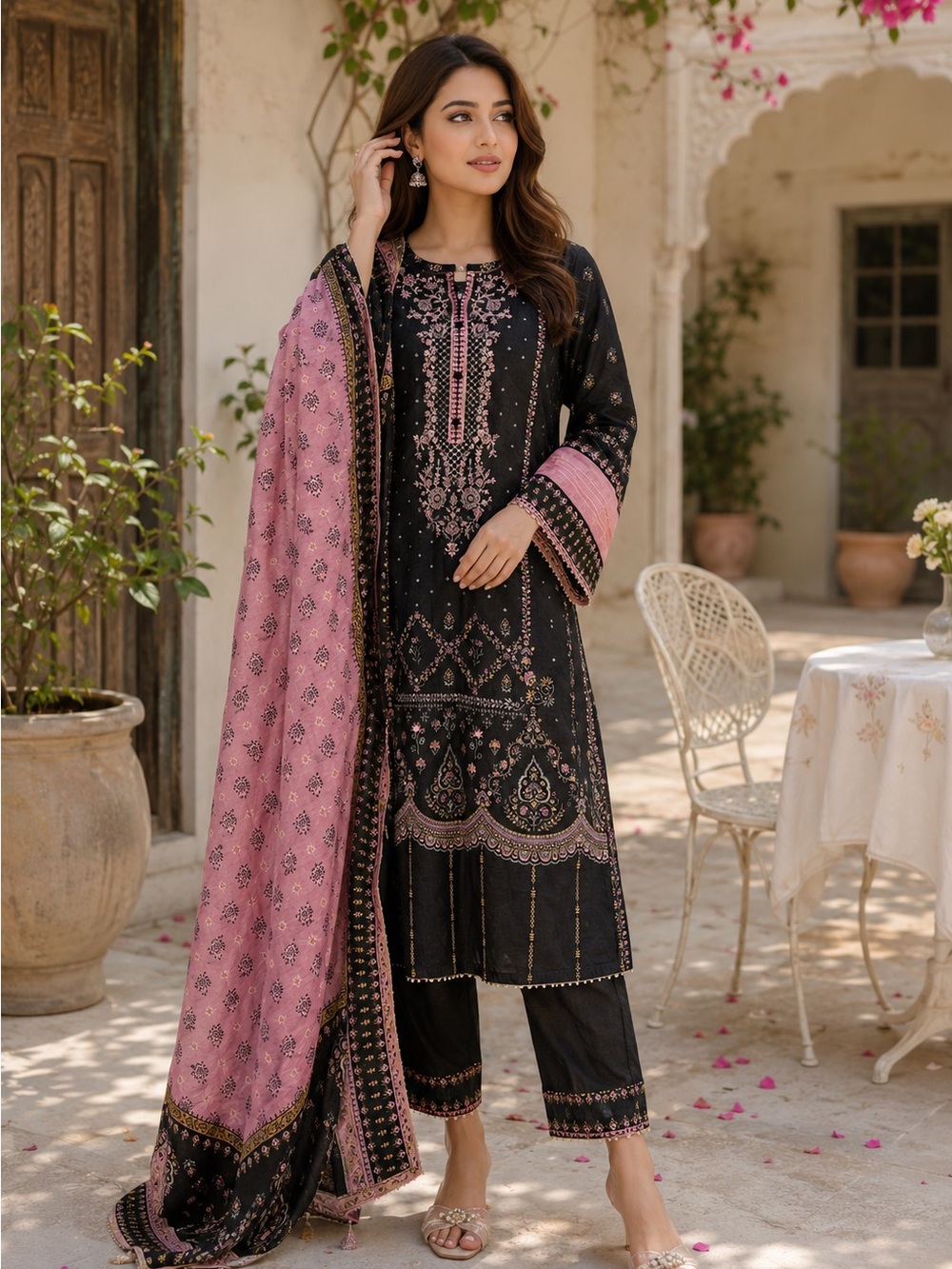 Black & Pink Embroidered Women’s Straight Pantsuit
